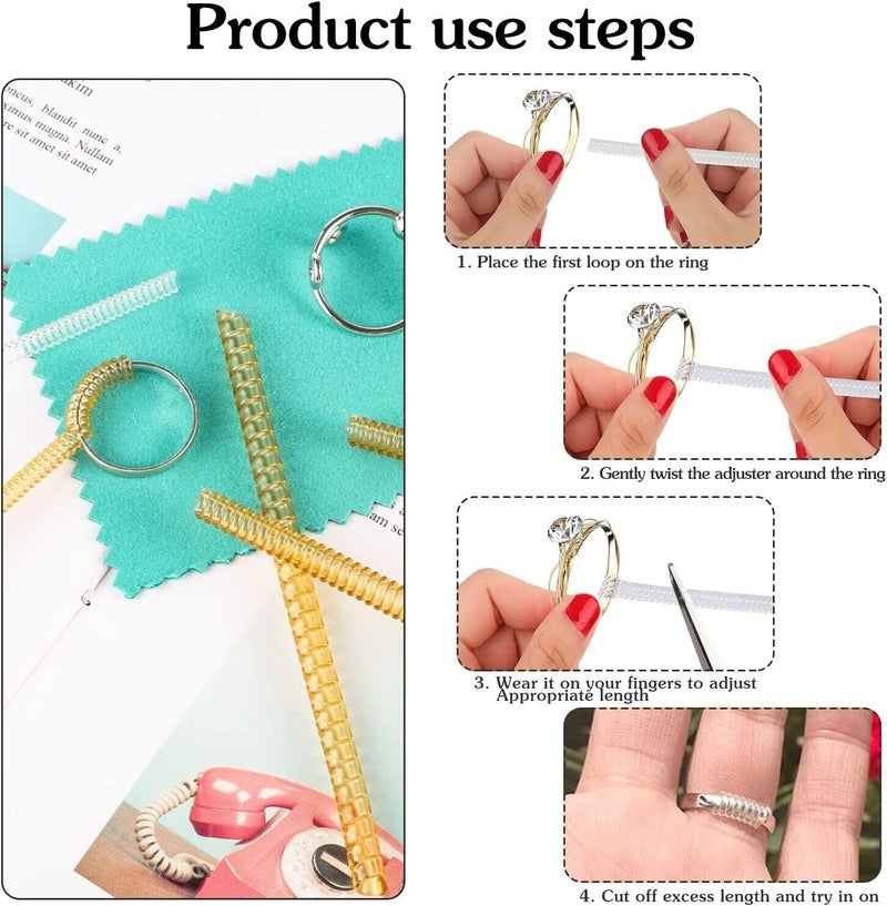 WGLILO Store Ring Sizer Adjuster for Loose Rings,16 Pack 4 Size for Different Band Widths, Invisible Guards for Women & Men, Spiral Silicone Tightener Set with Polishing Cloth(Gold & Clear) - Image 4
